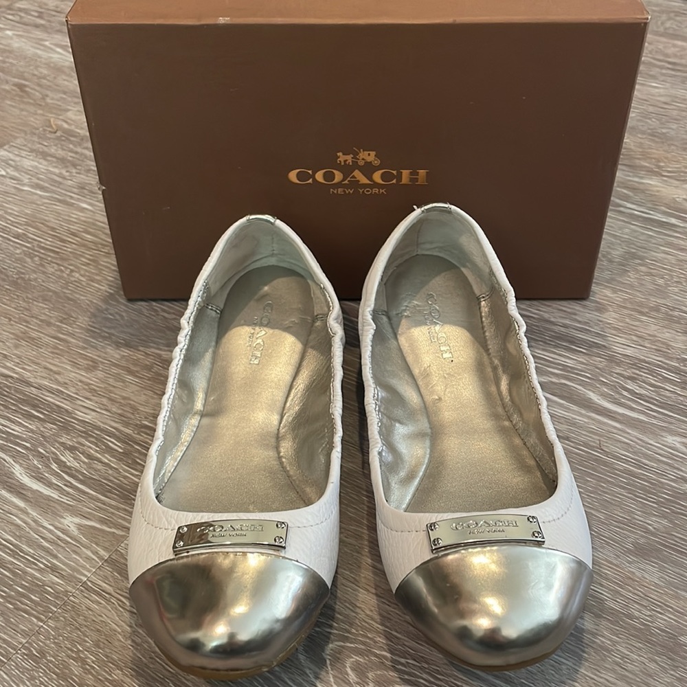 Coach Ballet Flats in White & Silver Leather